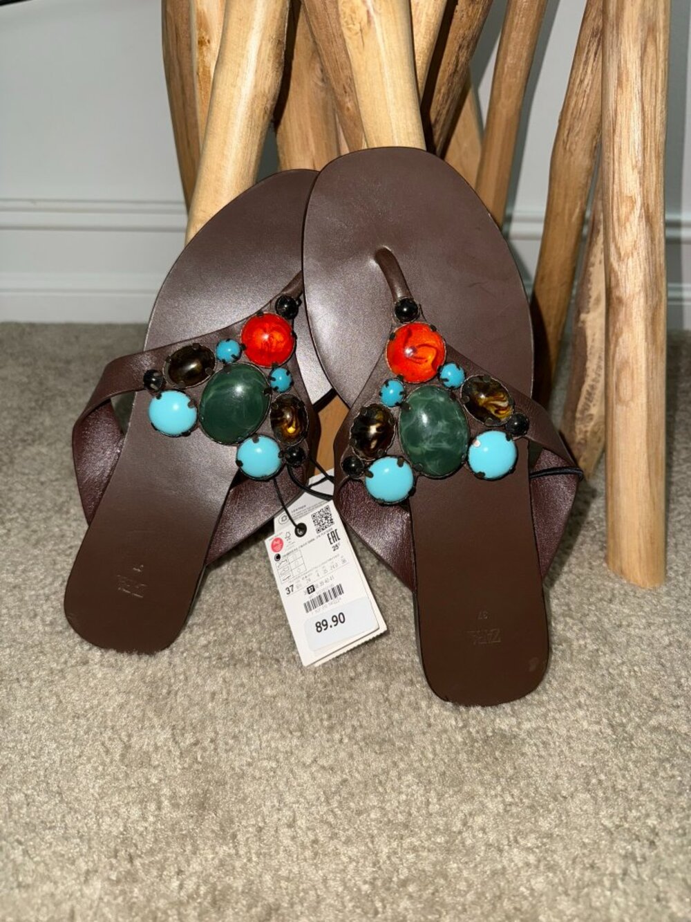ZARA Embellished Gemstone Flat Sandals EU 37/US 6.5 NWT